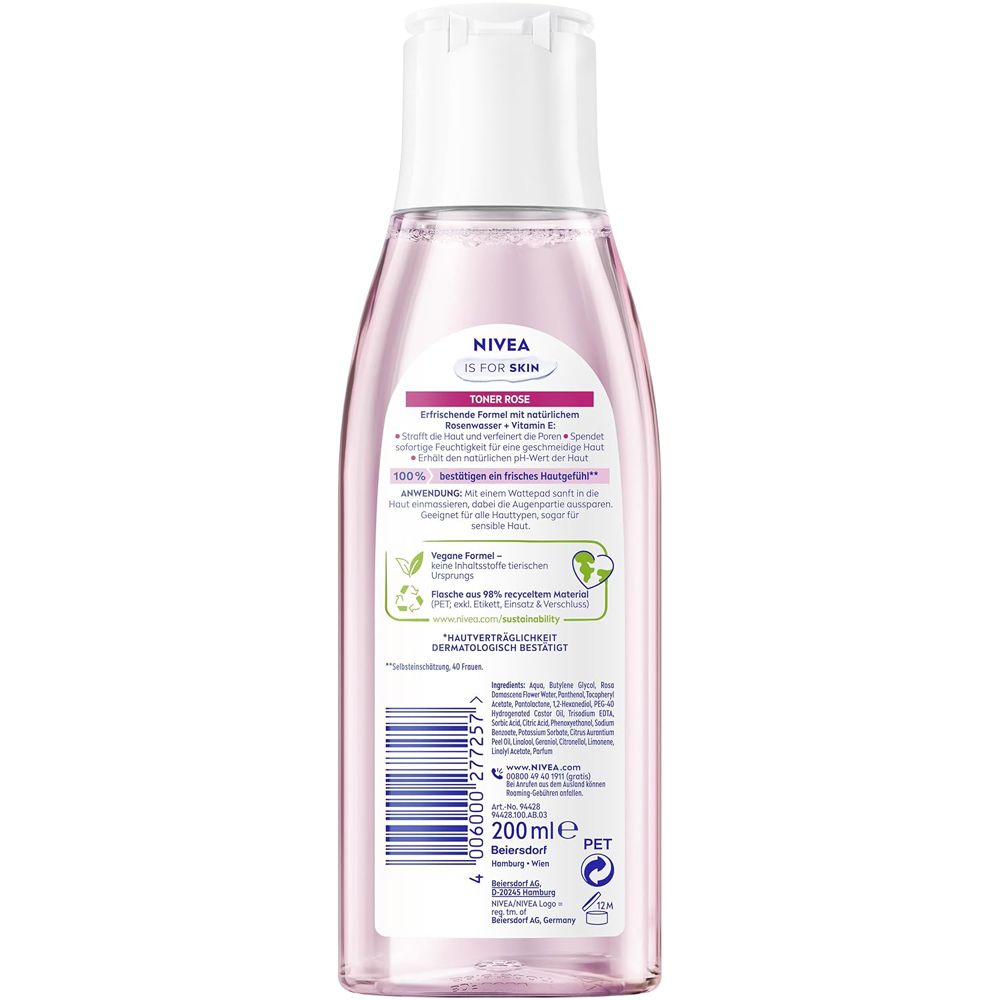 Rückseite der NIVEA Pflegender Toner Rose Flasche mit Produktinformationen und Barcode.