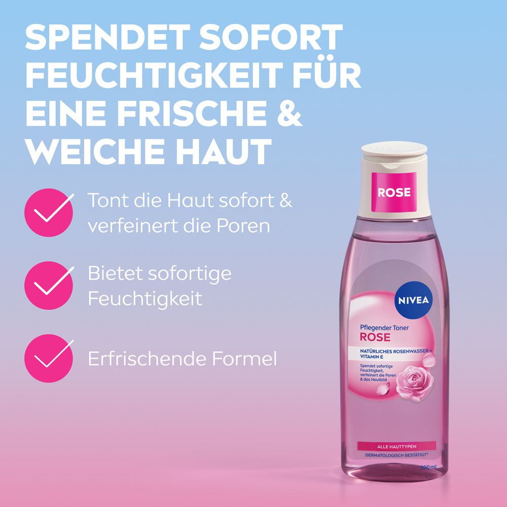 NIVEA Pflegender Toner Rose Flasche mit Text über Feuchtigkeit und frische Haut.