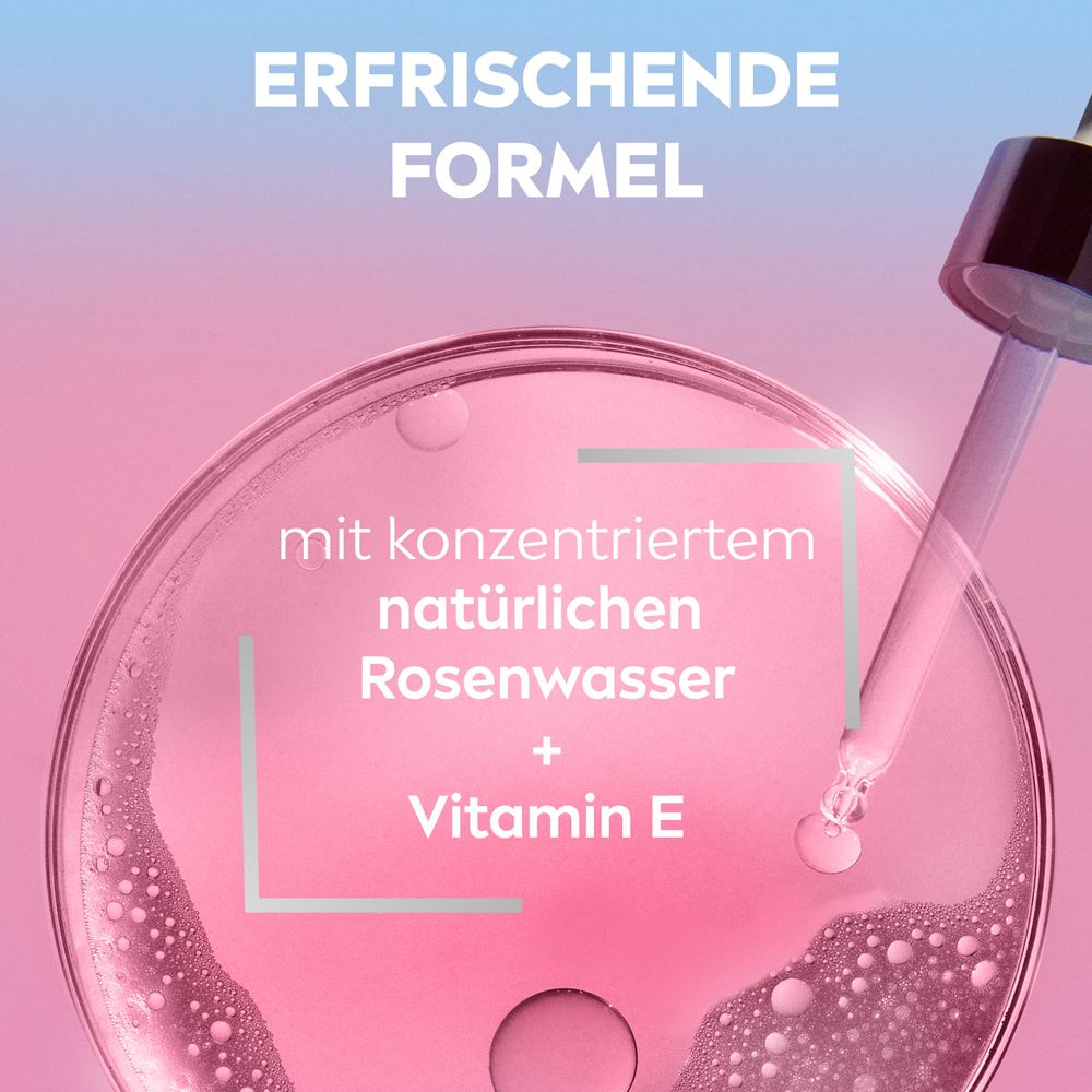 Nahaufnahme einer Pipette mit rosa Flüssigkeit über einer Petrischale, NIVEA Toner Rose.