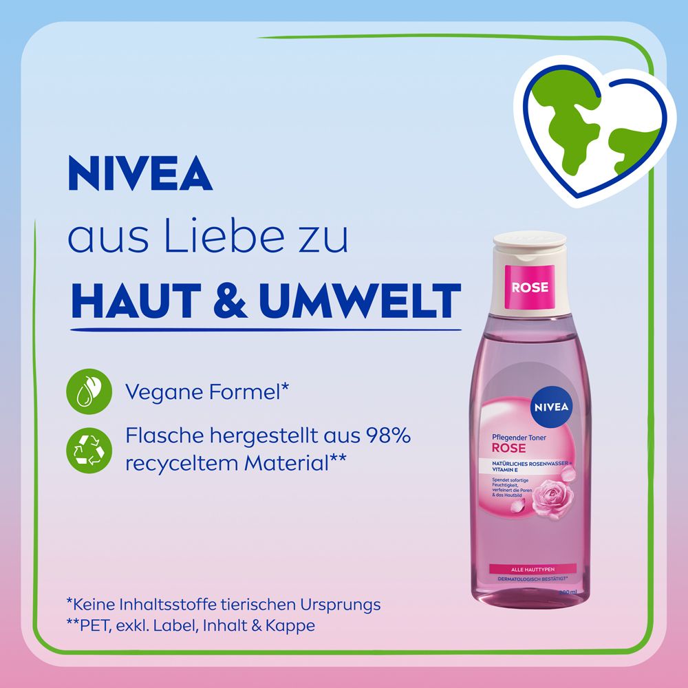 NIVEA Flasche Pflegender Toner Rose neben Erde-Herz-Symbol, vegane Formel.