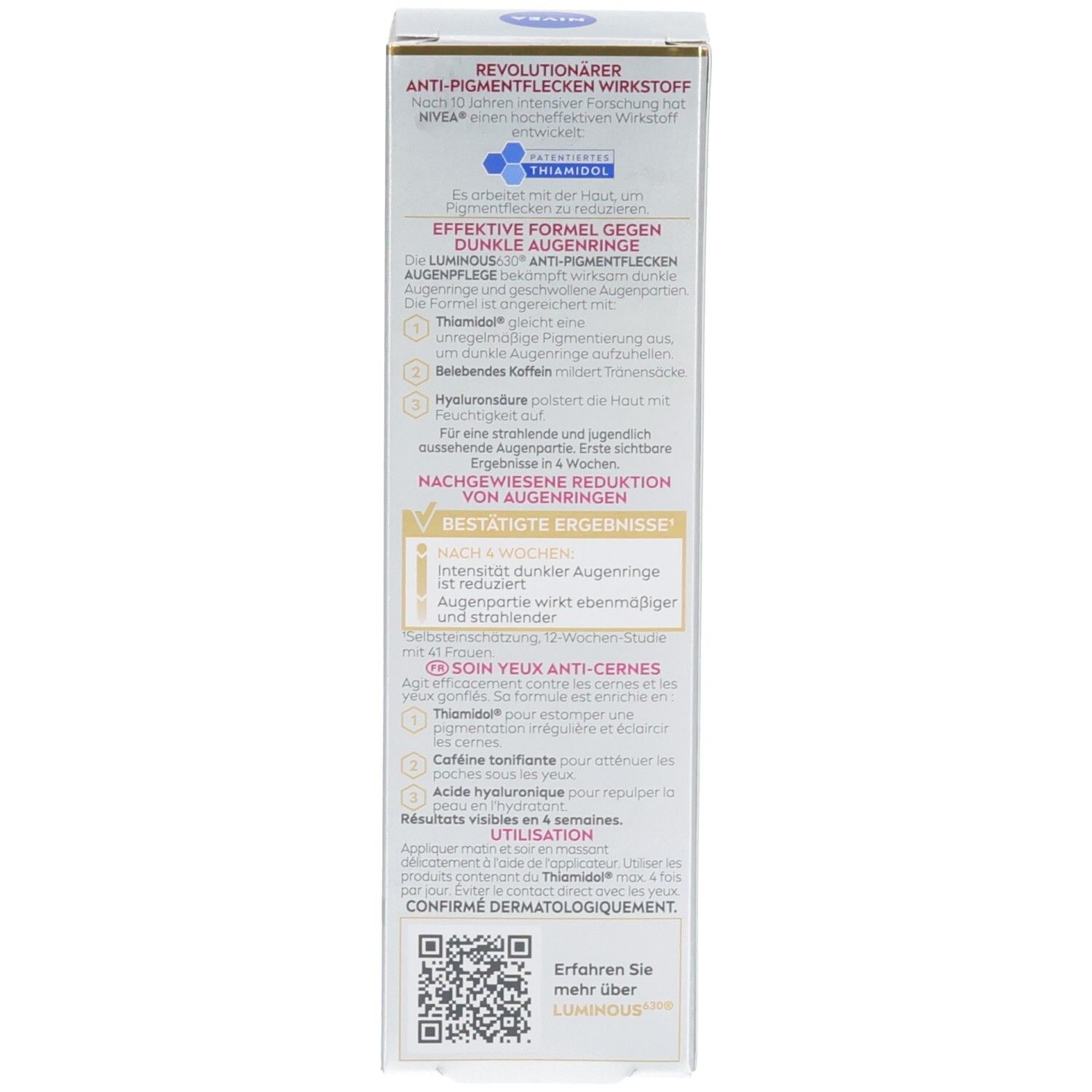 Rückseite der Faltschachtel NIVEA LUMINOUS630® Augenpflege mit detaillierten Informationen zu Inhaltsstoffen und Anwendung.