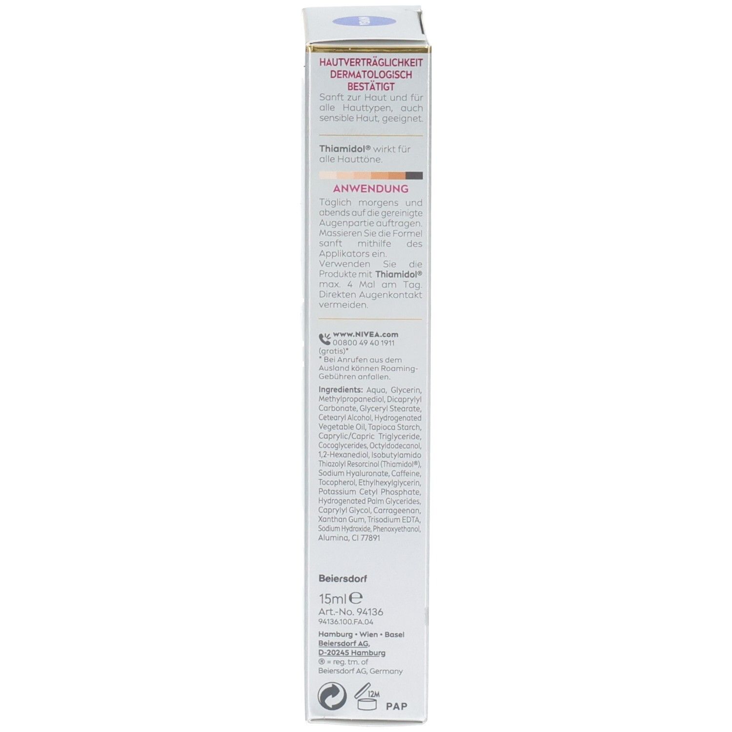 Seitenansicht der Faltschachtel NIVEA LUMINOUS630® Augenpflege mit Anwendungshinweisen und Inhaltsstoffen.