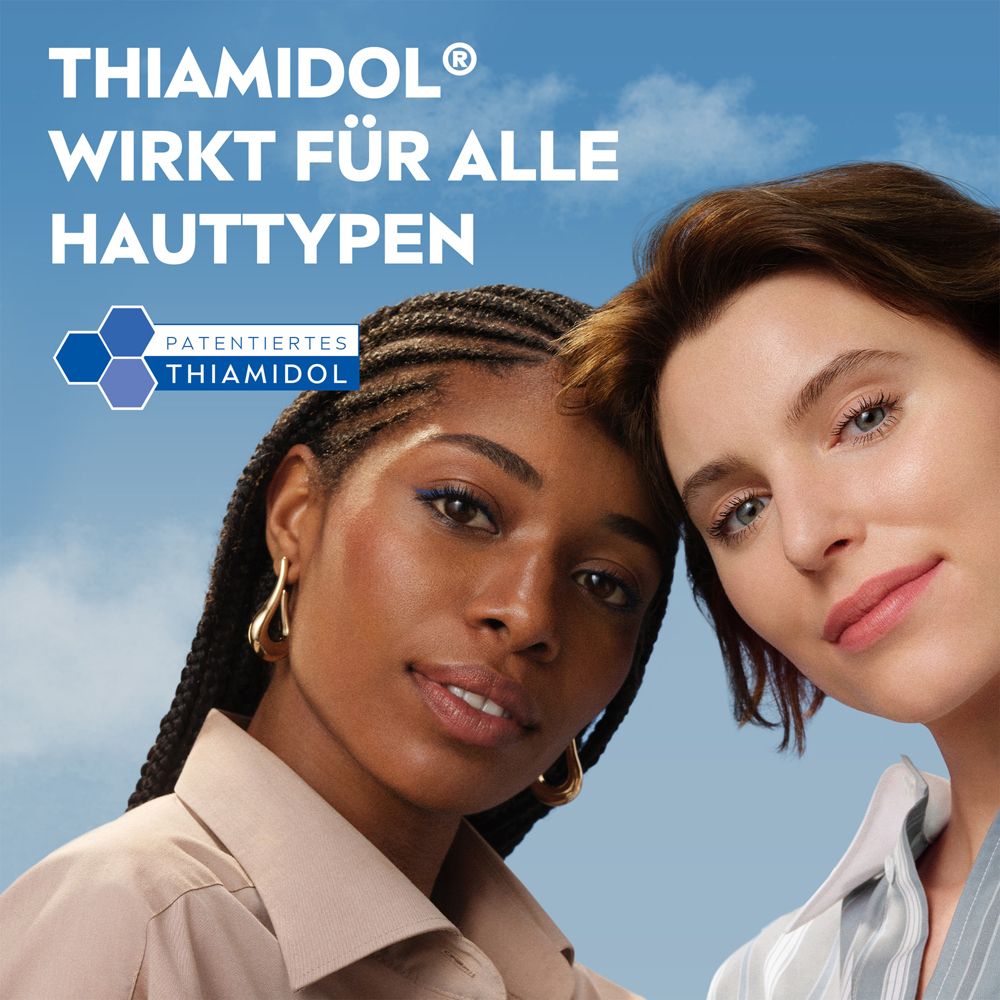 Zwei Frauen unterschiedlicher Hauttypen vor blauem Himmel. Text: THIAMIDOL® wirkt für alle Hauttypen.