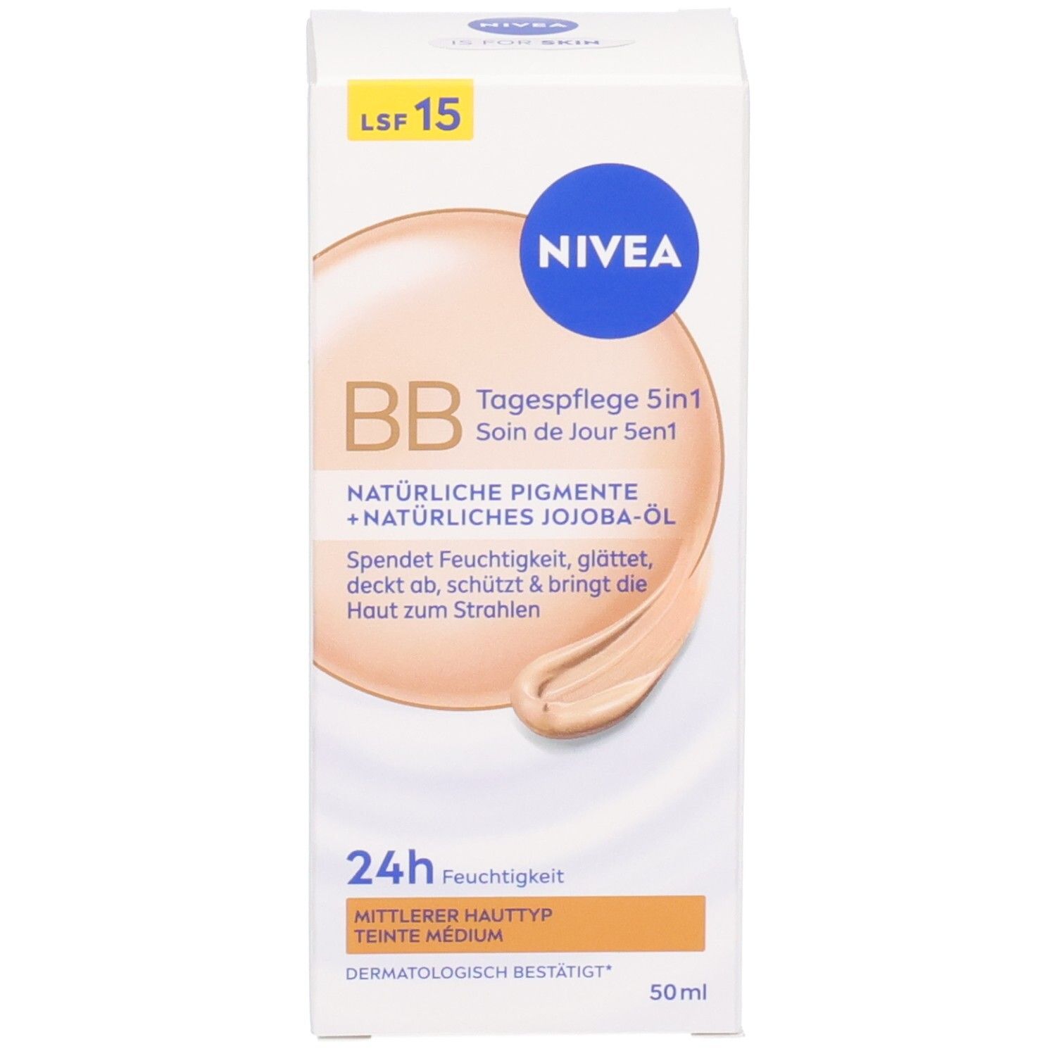 NIVEA BB Tagespflege 5in1 mit LSF 15, mittlere Hautfarbe, 50ml Tube und Faltschachtel.