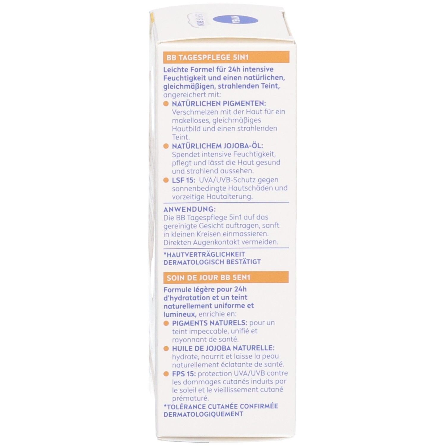 Detailansicht der NIVEA BB Tagespflege 5in1 Faltschachtel mit Inhaltsstoffen und Anwendung.