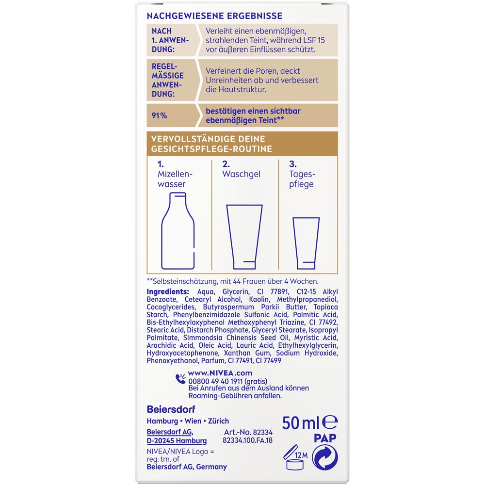 Rückseite der NIVEA BB Tagespflege 5in1 Faltschachtel mit Anwendungshinweisen und Inhaltsstoffen.