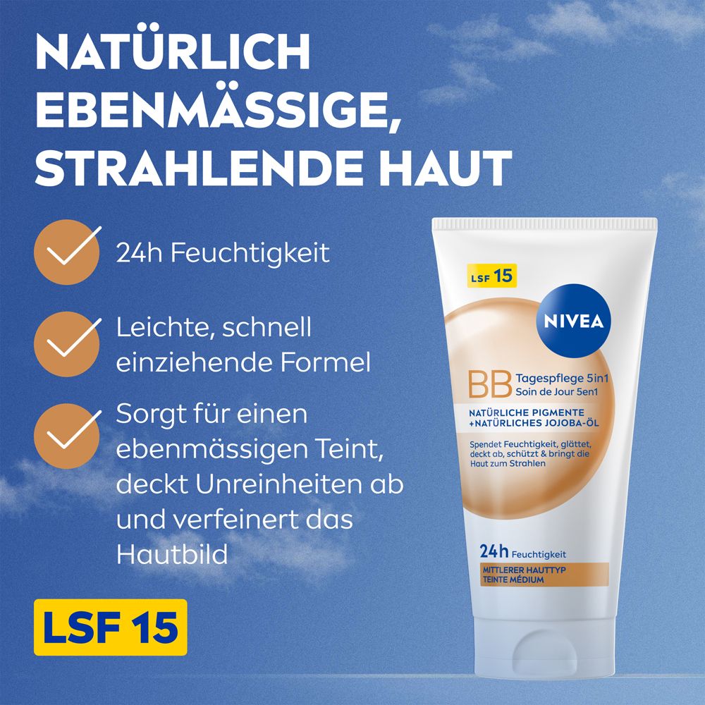 NIVEA BB Tagespflege 5in1 Tube mit LSF 15, 24h Feuchtigkeit und leichter Formel.