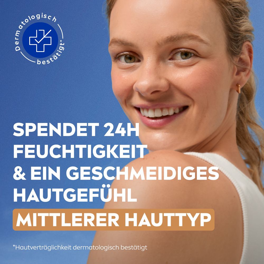 Frau mit strahlender Haut, NIVEA BB Tagespflege spendet 24h Feuchtigkeit für mittleren Hauttyp.