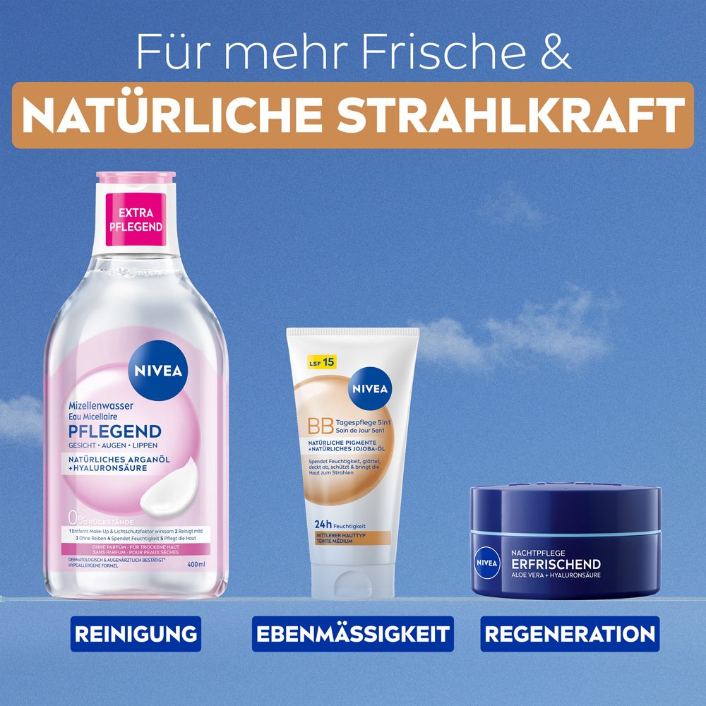 NIVEA Produkte: Mizellenwasser, BB Tagespflege und Nachtpflege für frische, strahlende Haut.