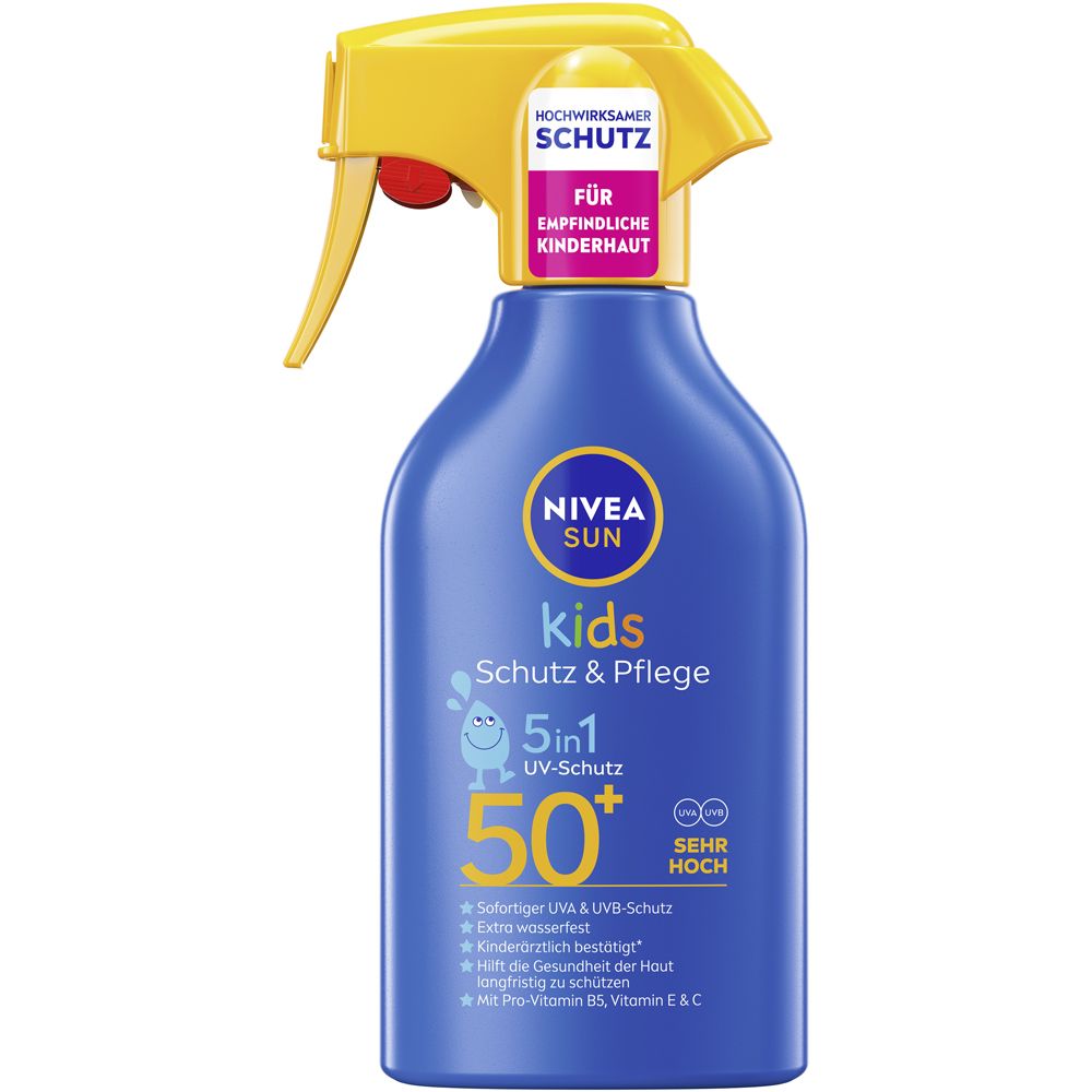 NIVEA Sun Kids Schutz & Pflege Sonnenspray LSF 50+ in blauer Flasche mit gelbem Sprühkopf.