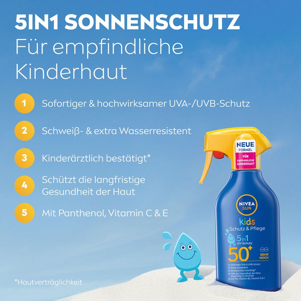 NIVEA Sun Kids Sonnenspray LSF 50+ mit 5in1 Schutz für empfindliche Kinderhaut, mit Comic-Wassertropfen.