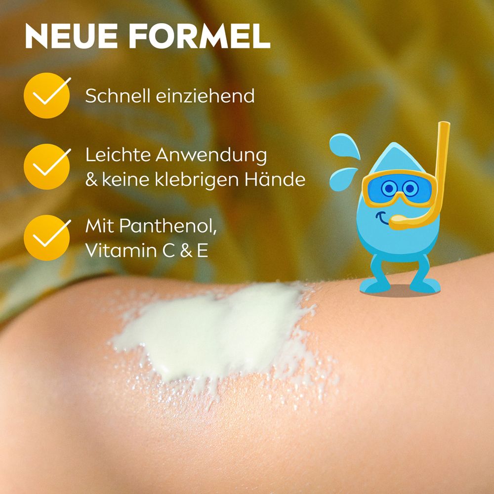 NIVEA Sun Kids Sonnenspray auf Haut aufgetragen, mit Hinweisen zu "Neue Formel" und Inhaltsstoffen.
