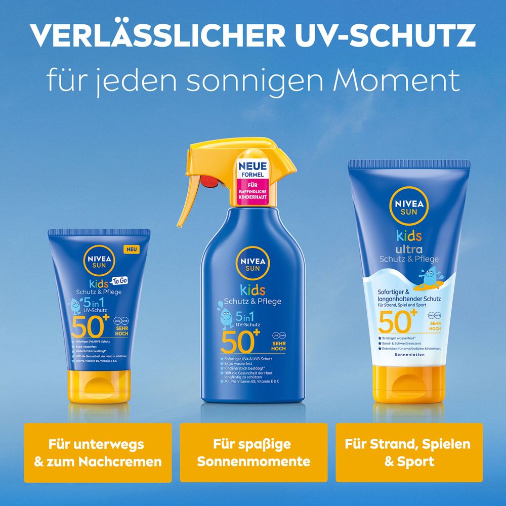Drei NIVEA Sun Kids Produkte: zwei Tuben und eine Sprühflasche, für verschiedene Sonnenmomente.