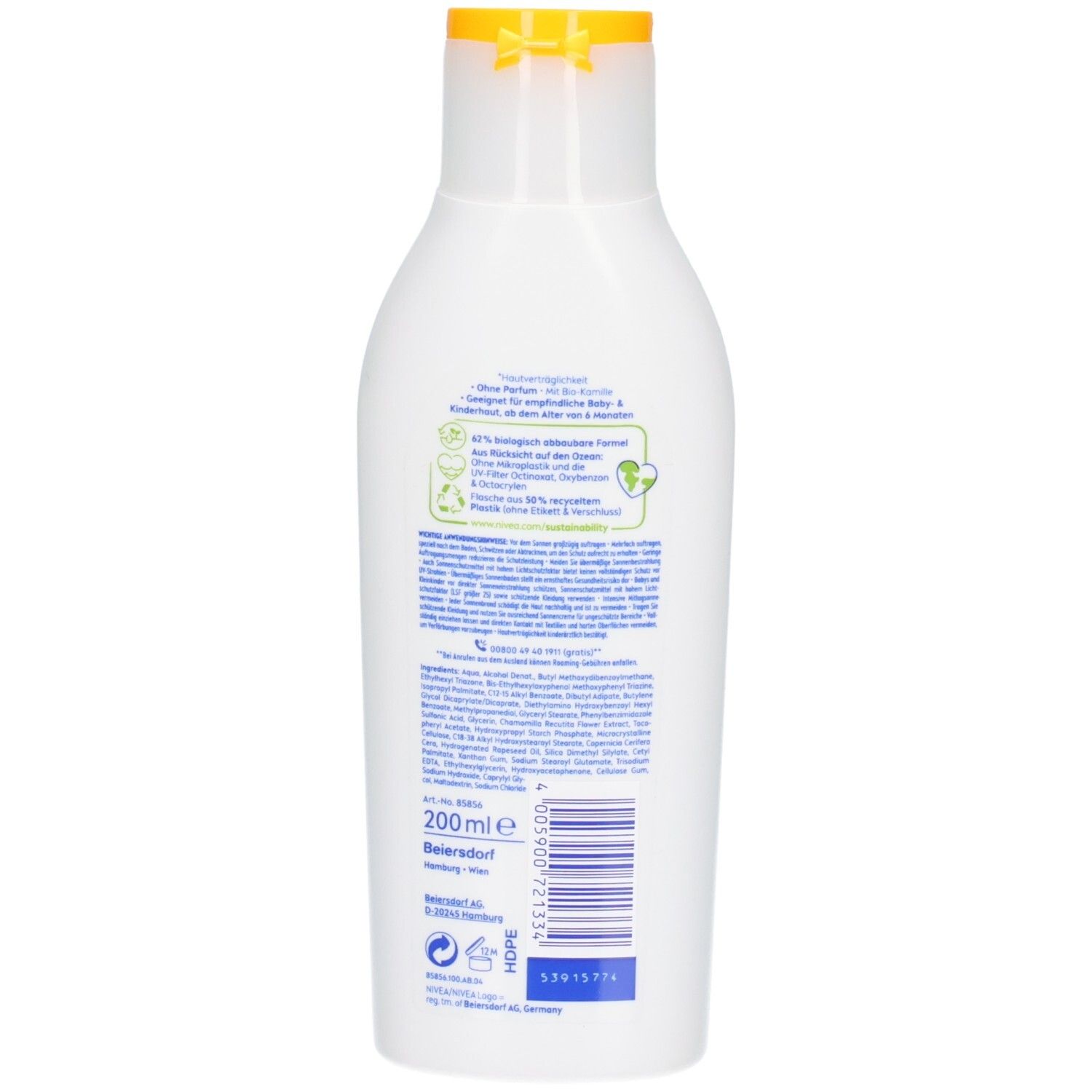 Nivea Sun Babys & Kids Sensitiv Schutz Lotion, 50+ LSF, Seitenansicht.