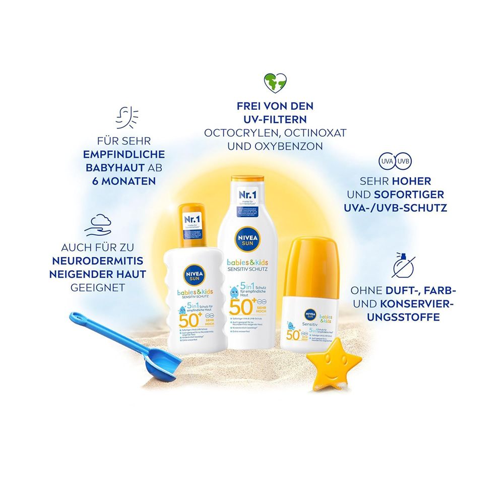 Nivea Sun Babys & Kids Sensitiv Schutz Lotion, 50+ LSF, für empfindliche Haut.