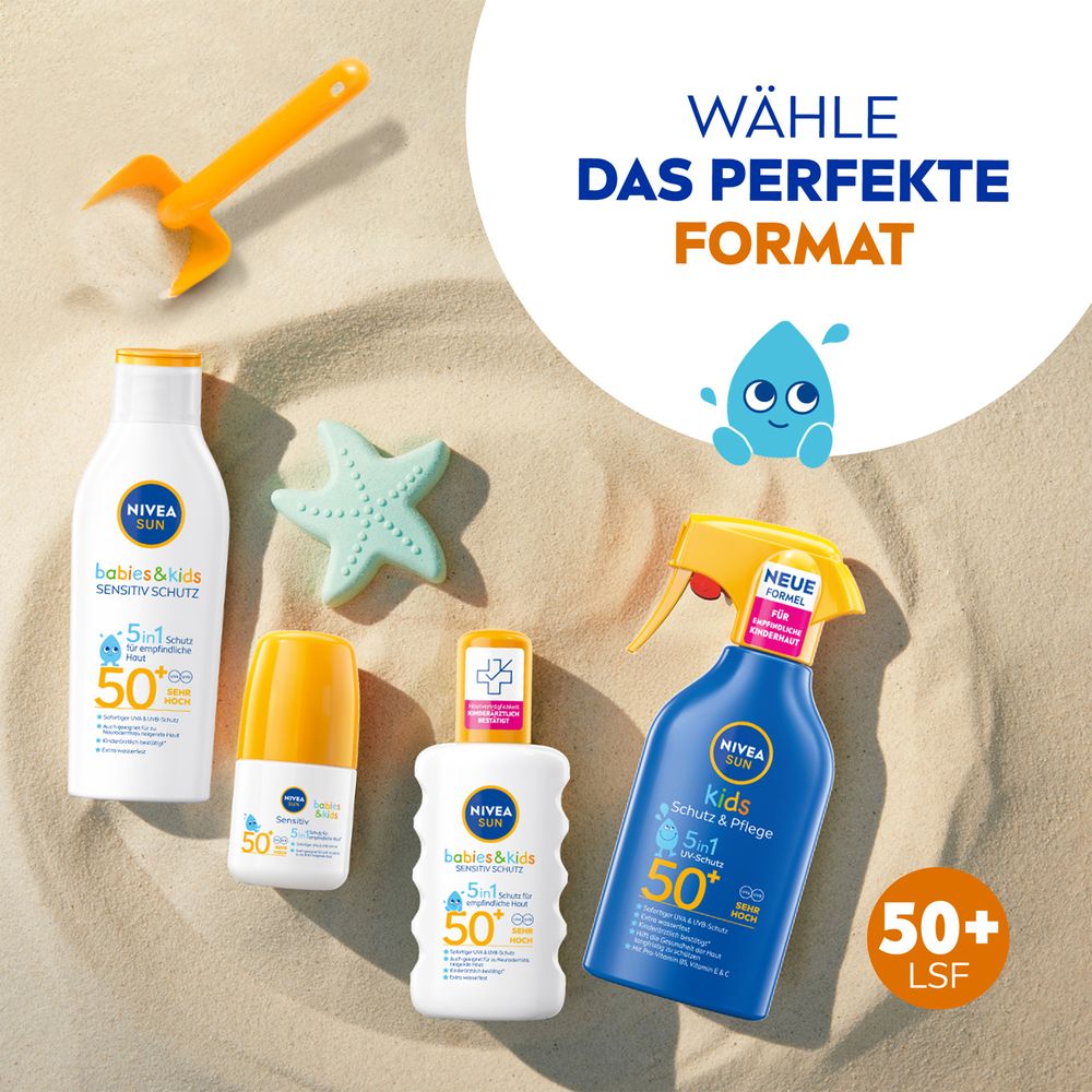 Nivea Sun Babys & Kids Sensitiv Schutz Lotion, 50+ LSF, mit Delfin-Spielzeug.