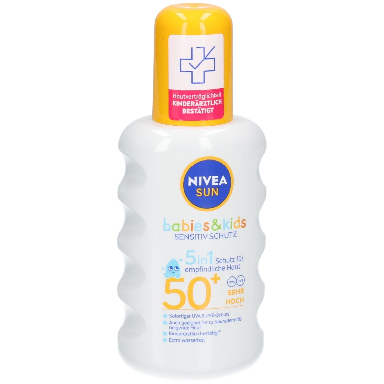 Nivea Sun Babys & Kids Sensitiv Schutzspray LSF 50+. Weißer Sprühflakon mit gelbem Verschluss. Hautärztlich bestätigt.