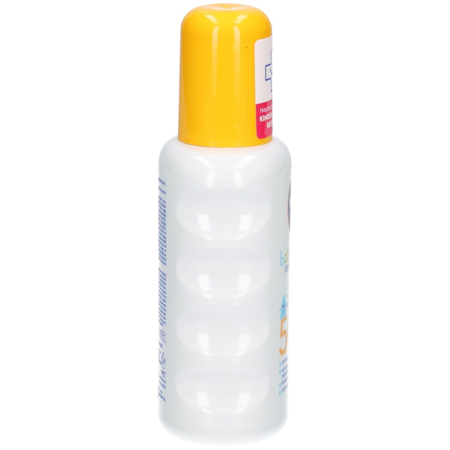 Nivea Sun Babys & Kids Sensitiv Schutzspray LSF 50+. Seitenansicht des weißen Sprühflakons mit gelbem Verschluss.