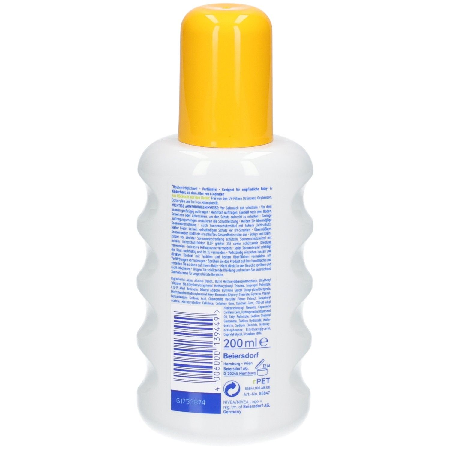 Nivea Sun Babys & Kids Sensitiv Schutzspray LSF 50+. Rückseite des Flakons mit Produktinformationen und Barcode. 200 ml.