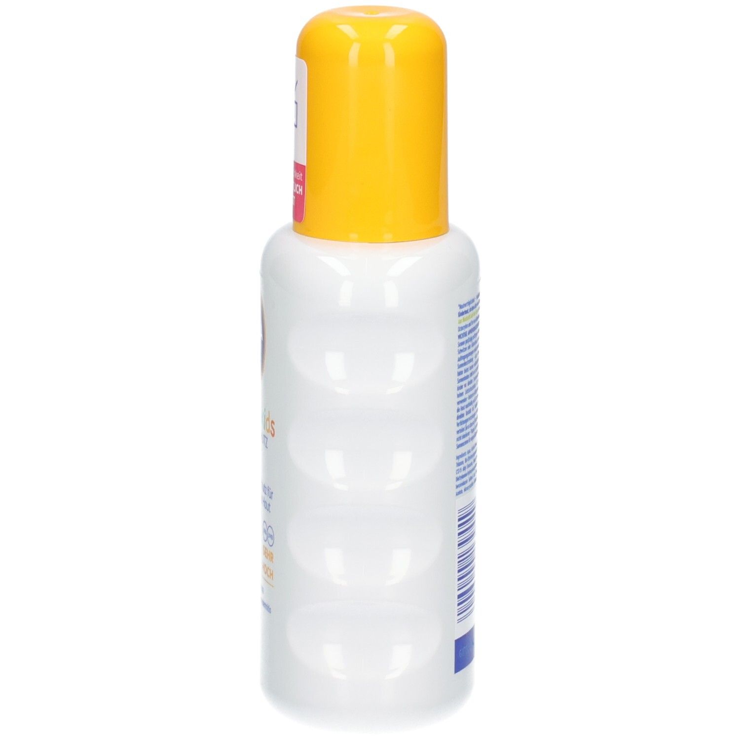 Nivea Sun Babys & Kids Sensitiv Schutzspray LSF 50+. Seitenansicht des weißen Sprühflakons mit gelbem Verschluss.