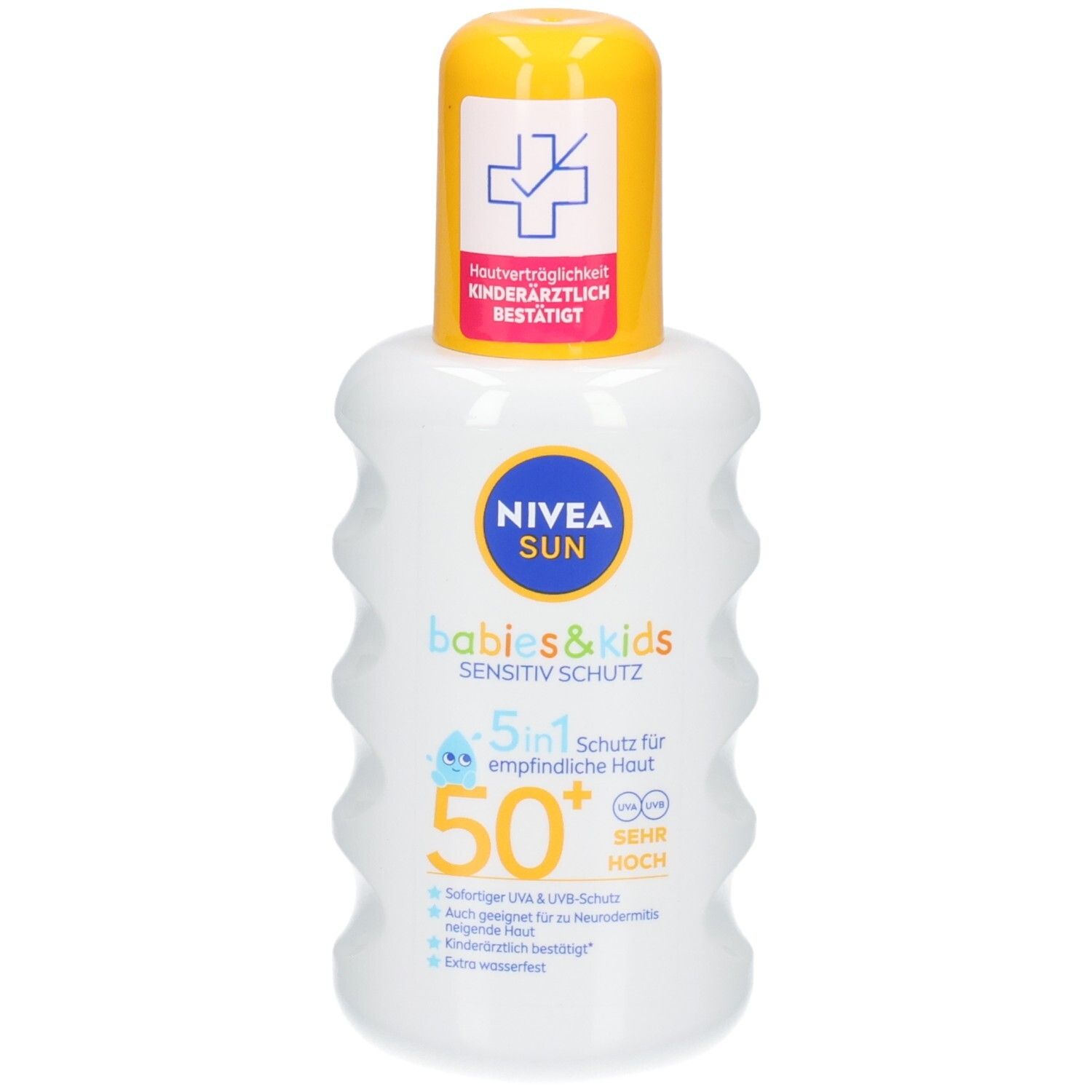 Nivea Sun Babys & Kids Sensitiv Schutzspray LSF 50+. Weißer Sprühflakon mit gelbem Verschluss. Hautärztlich bestätigt.