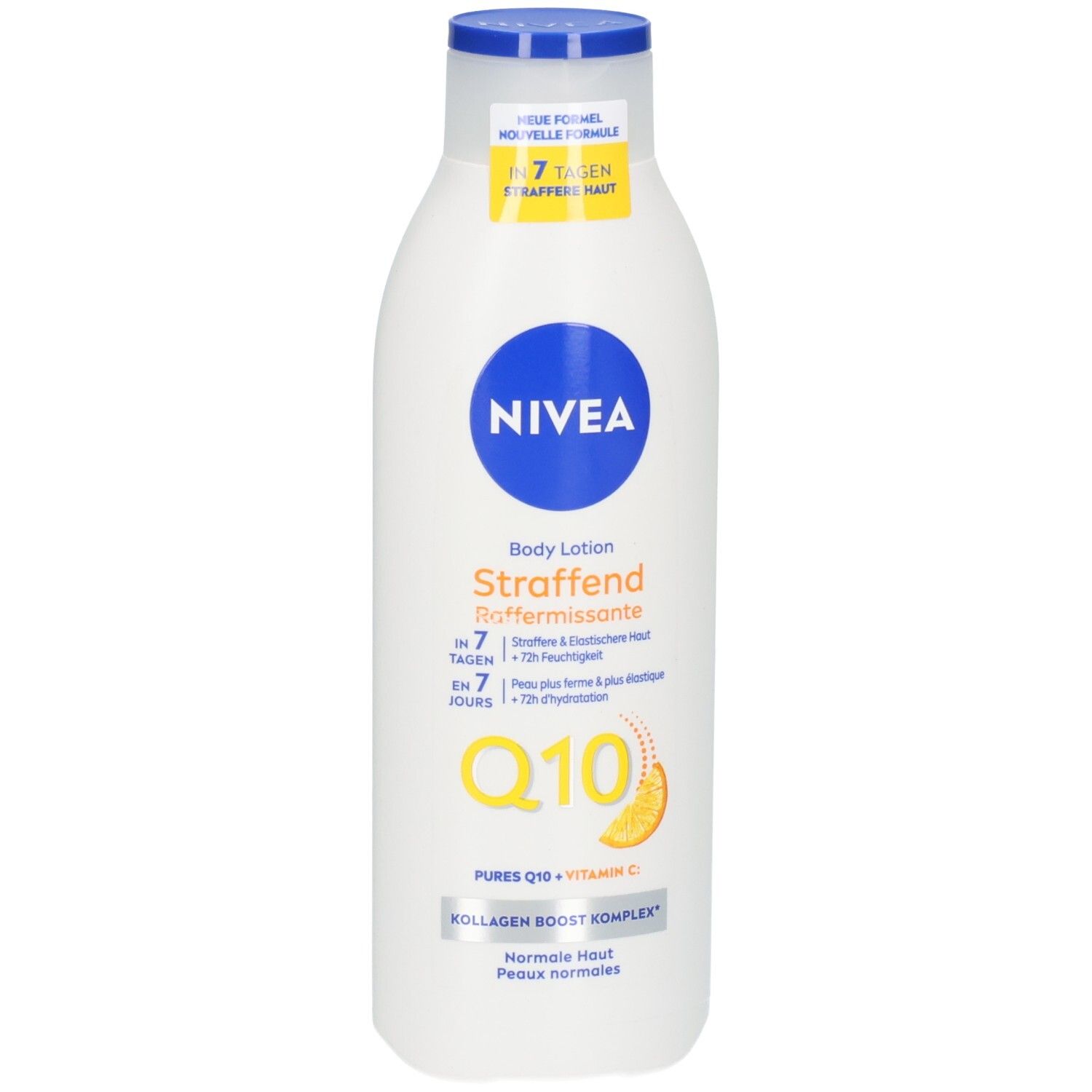 Weiße Flasche NIVEA Body Lotion Straffend mit Q10 und Kollagen Boost Komplex.