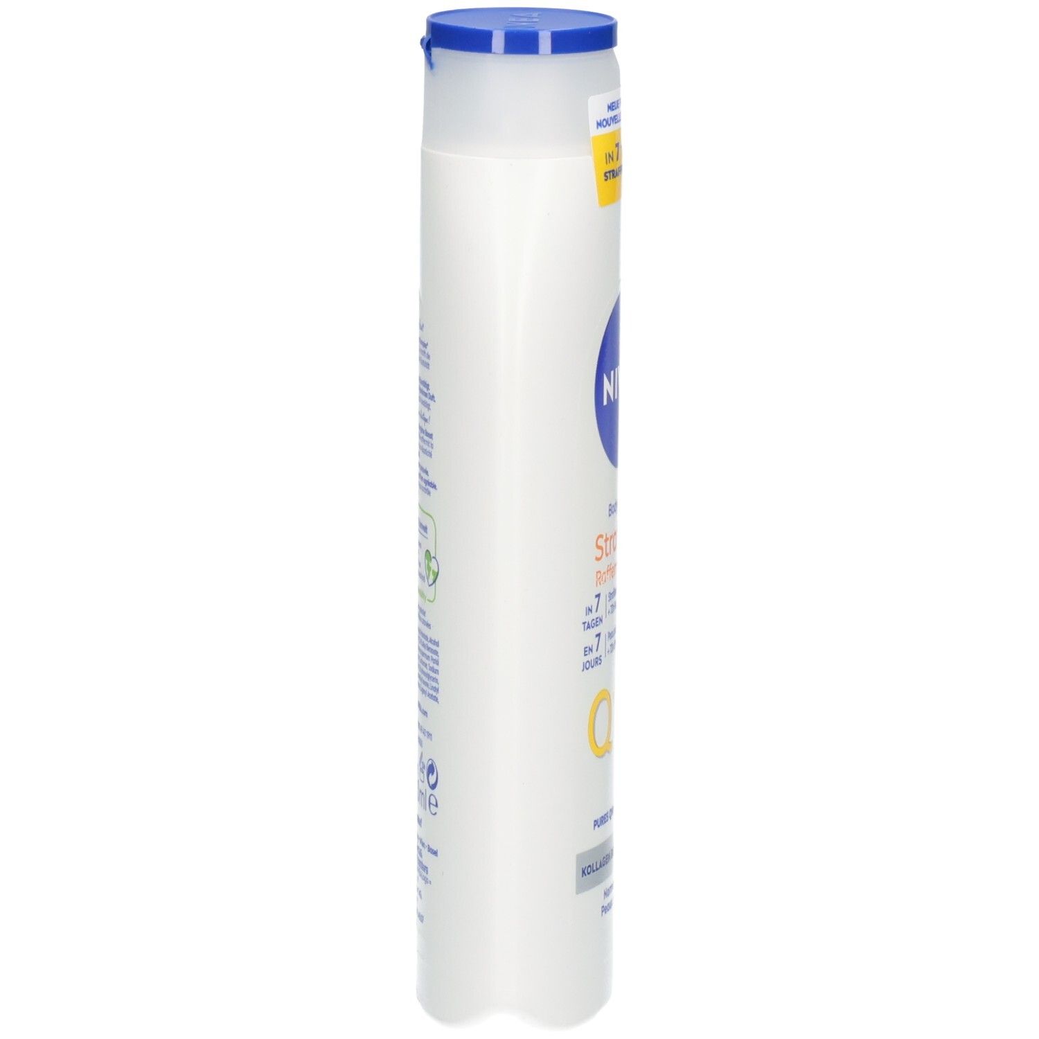 Seitenansicht einer weißen NIVEA Body Lotion Straffend Flasche.