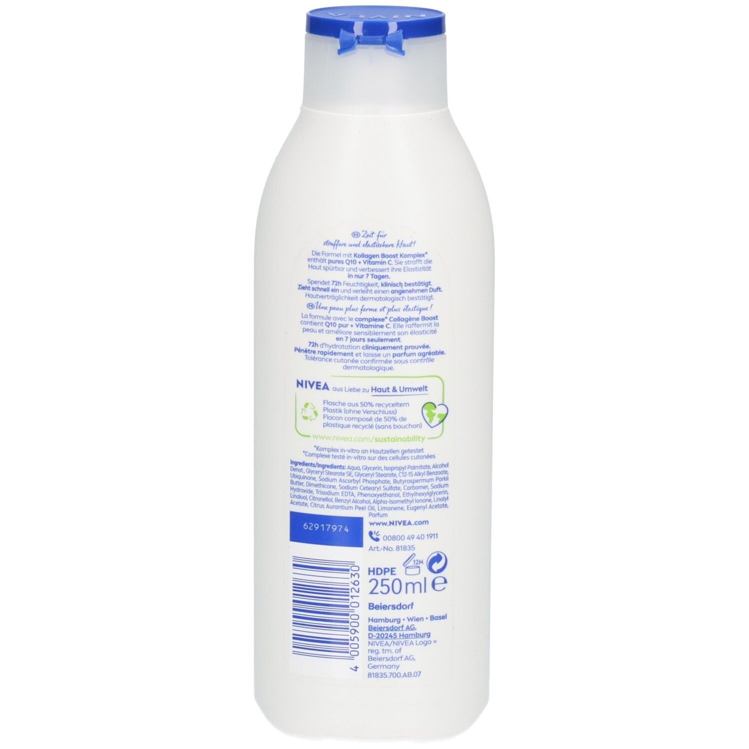 Rückseite einer weißen NIVEA Body Lotion Flasche mit Produktinformationen und Inhaltsstoffen.