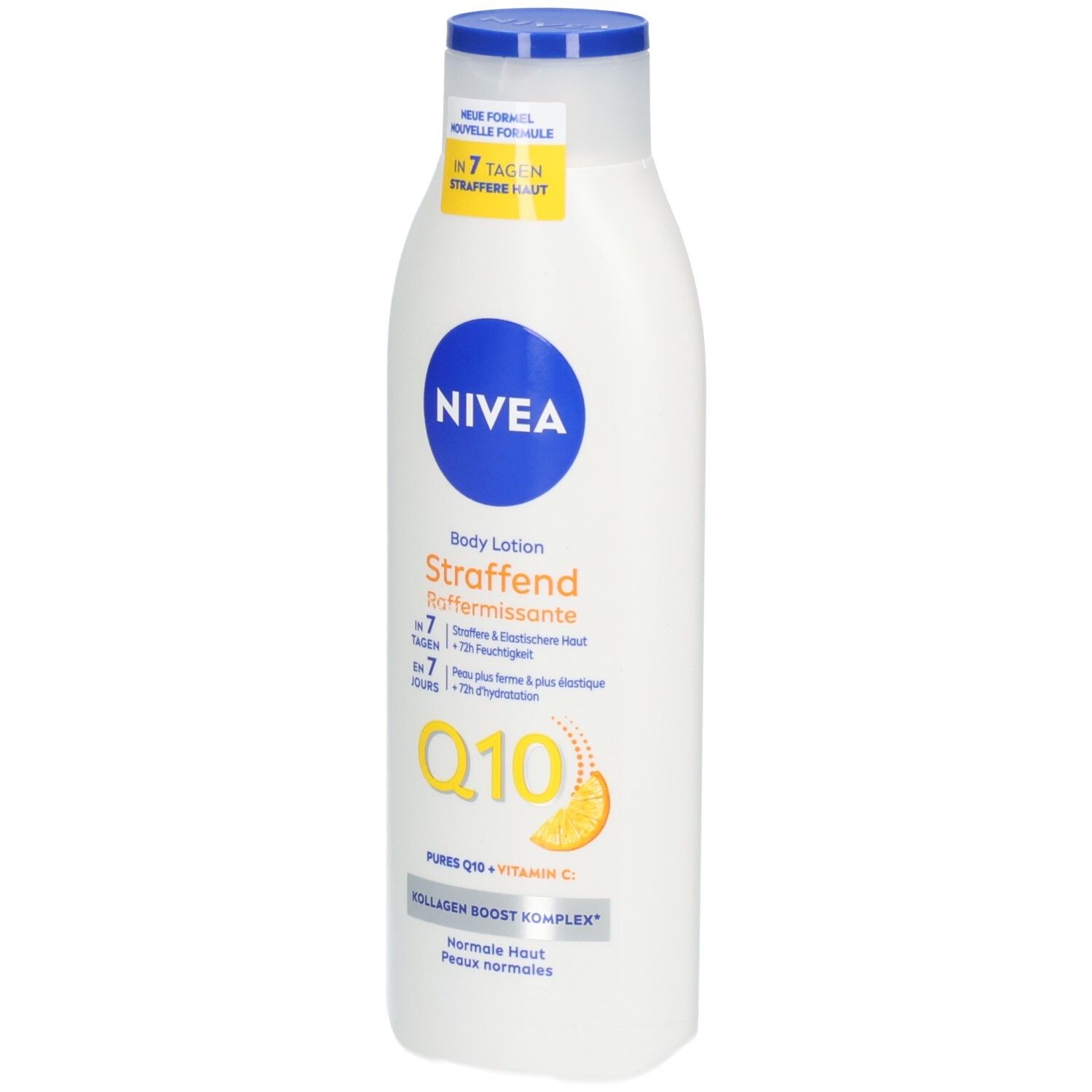 Weiße Flasche NIVEA Body Lotion Straffend mit Q10 und Kollagen Boost Komplex.