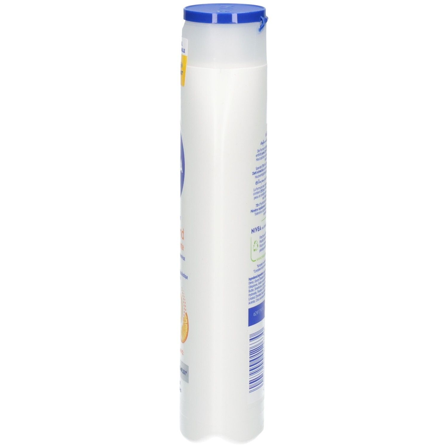 Seitenansicht einer weißen NIVEA Body Lotion Straffend Flasche.