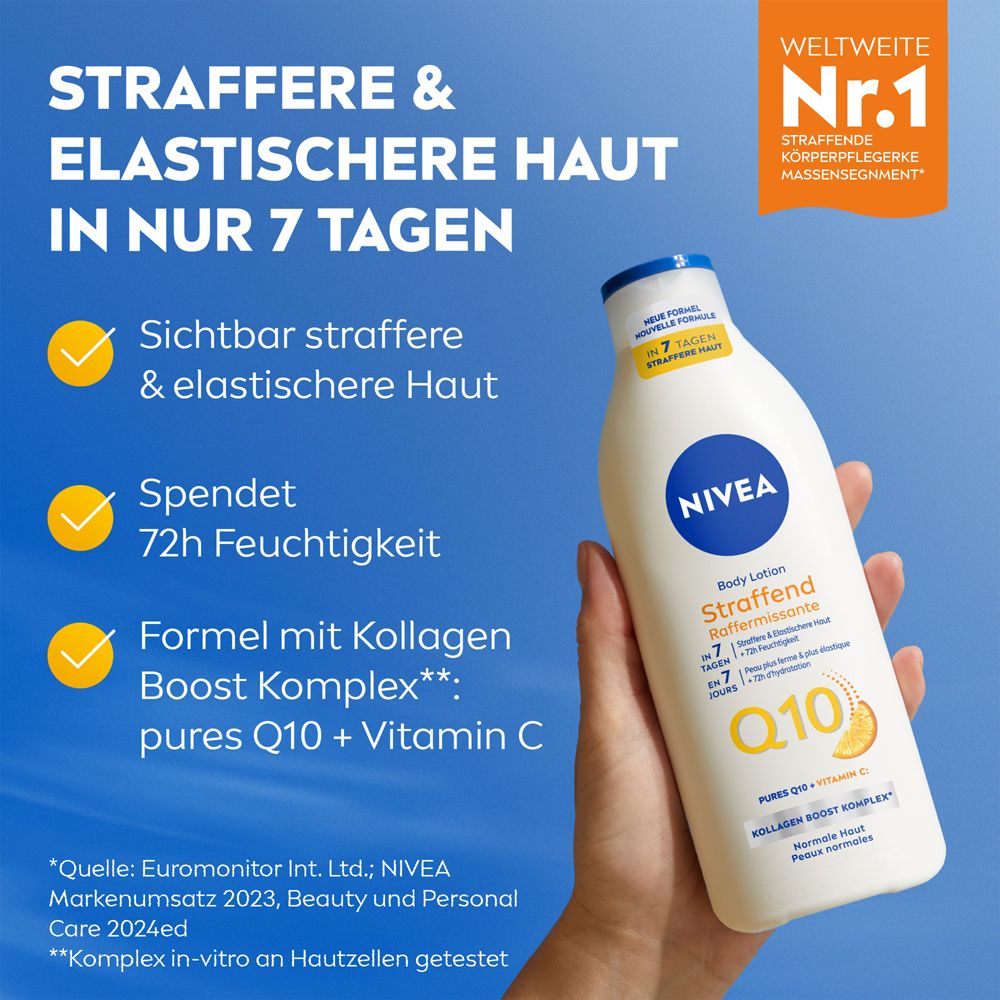 NIVEA Body Lotion Straffend in einer Hand, mit Text über straffere Haut in 7 Tagen.