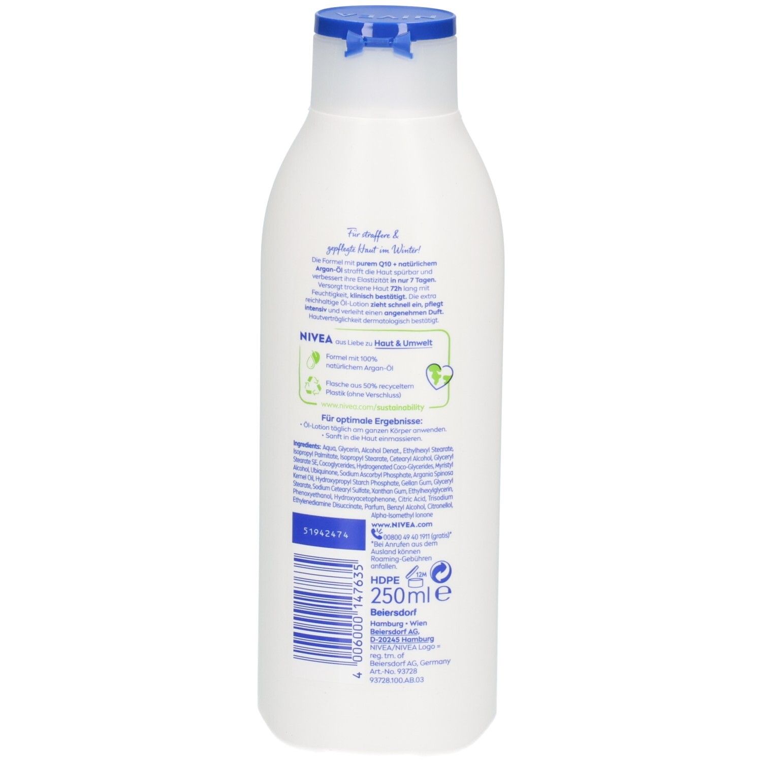 Rückseite der NIVEA Q10 Öl-Lotion Straffend + Extra Reichhaltig Flasche. Enthält Inhaltsstoffe und Barcode. 250ml.