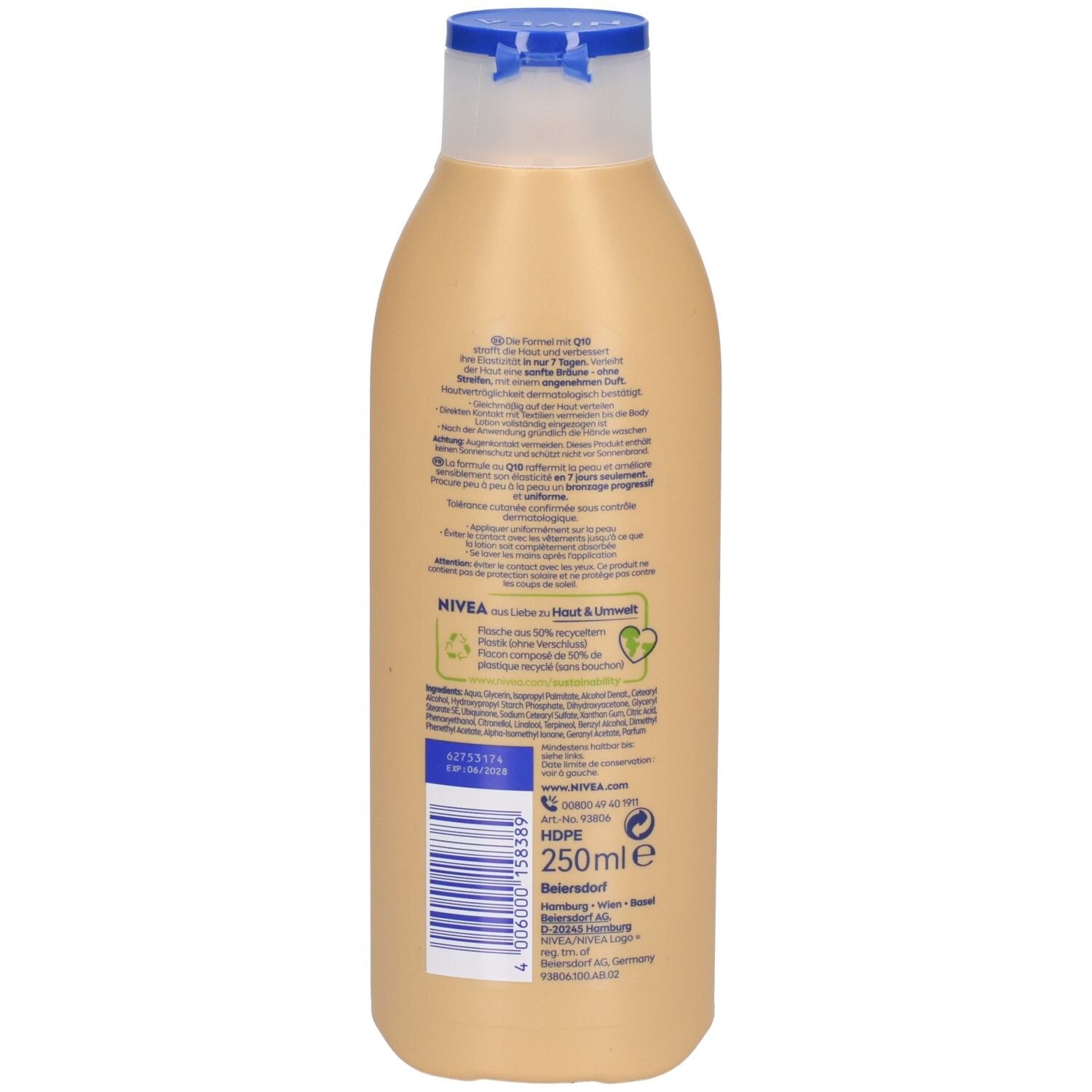 Rückseite der NIVEA Q10 Body Lotion Straffend + Bräunend. Flakon mit 250ml Inhalt und Barcode. Enthält Informationen zur Hautpflege.