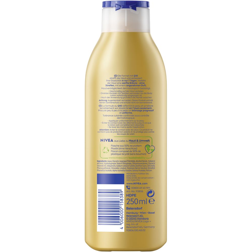 Rückseite der NIVEA Q10 Body Lotion Straffend + Bräunend Flasche mit Produktinformationen und Barcode.