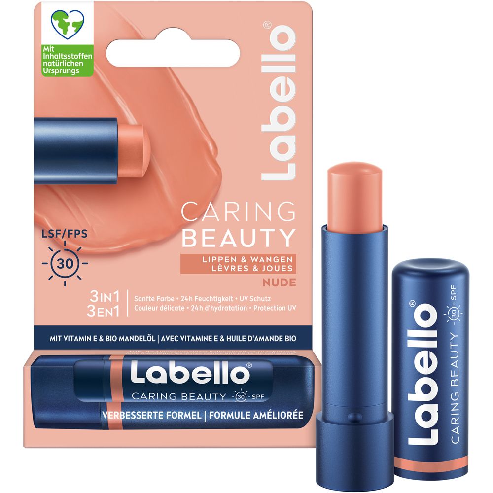Labello Caring Beauty NUDE Lippenpflege im Karton mit aufgestecktem und offenem Stick. LSF 30.