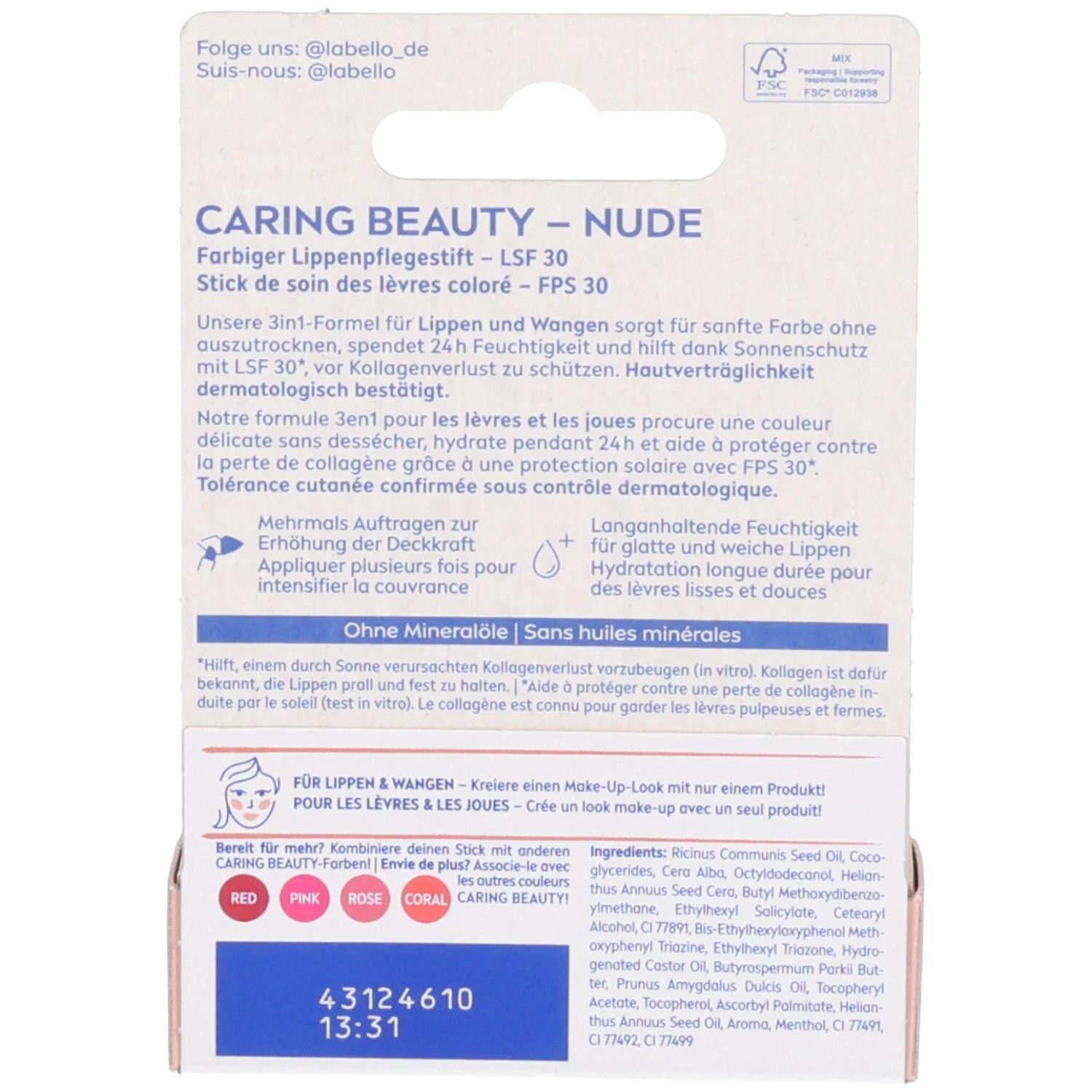 Labello Caring Beauty NUDE Lippenpflege im Karton, mit aufgestecktem und offenem Stick. LSF 30.