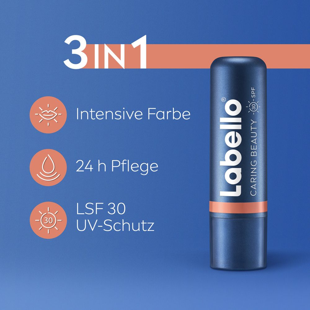 Labello Caring Beauty NUDE Stick mit Icons für intensive Farbe, 24h Pflege und LSF 30 UV-Schutz.