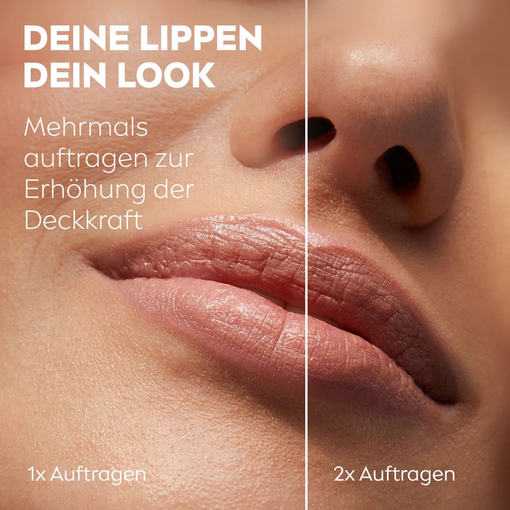 Vergleich von Lippen mit 1x und 2x Auftrag von Labello Caring Beauty NUDE für mehr Deckkraft.