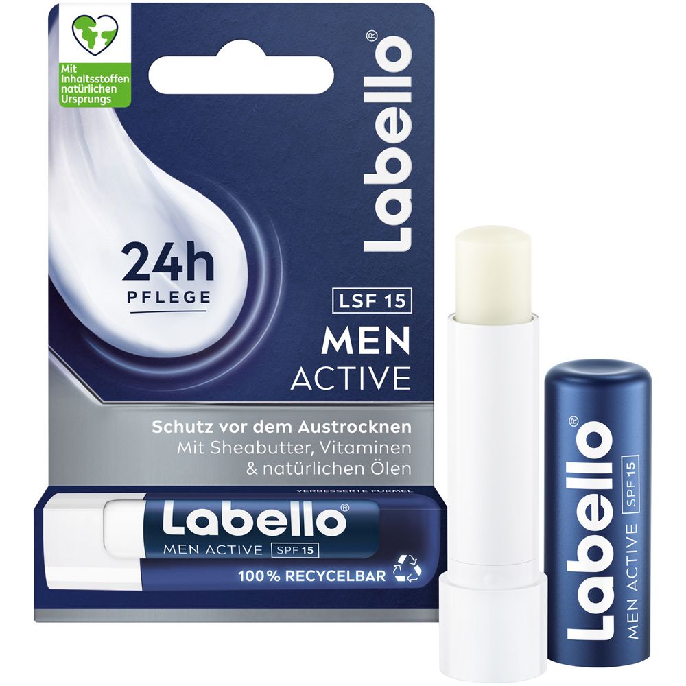 Labello Men Active Lippenpflege mit LSF 15, Schutz vor Austrocknung, mit Sheabutter und Vitaminen.