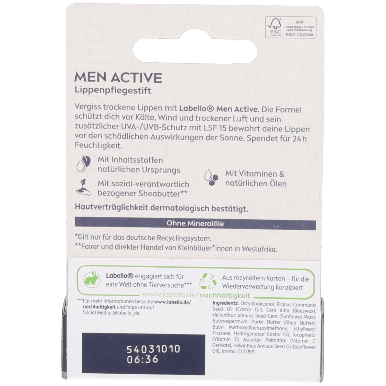 Rückseite der Labello Men Active Lippenpflege SPF 15 Verpackung mit Produktinformationen und Inhaltsstoffen.