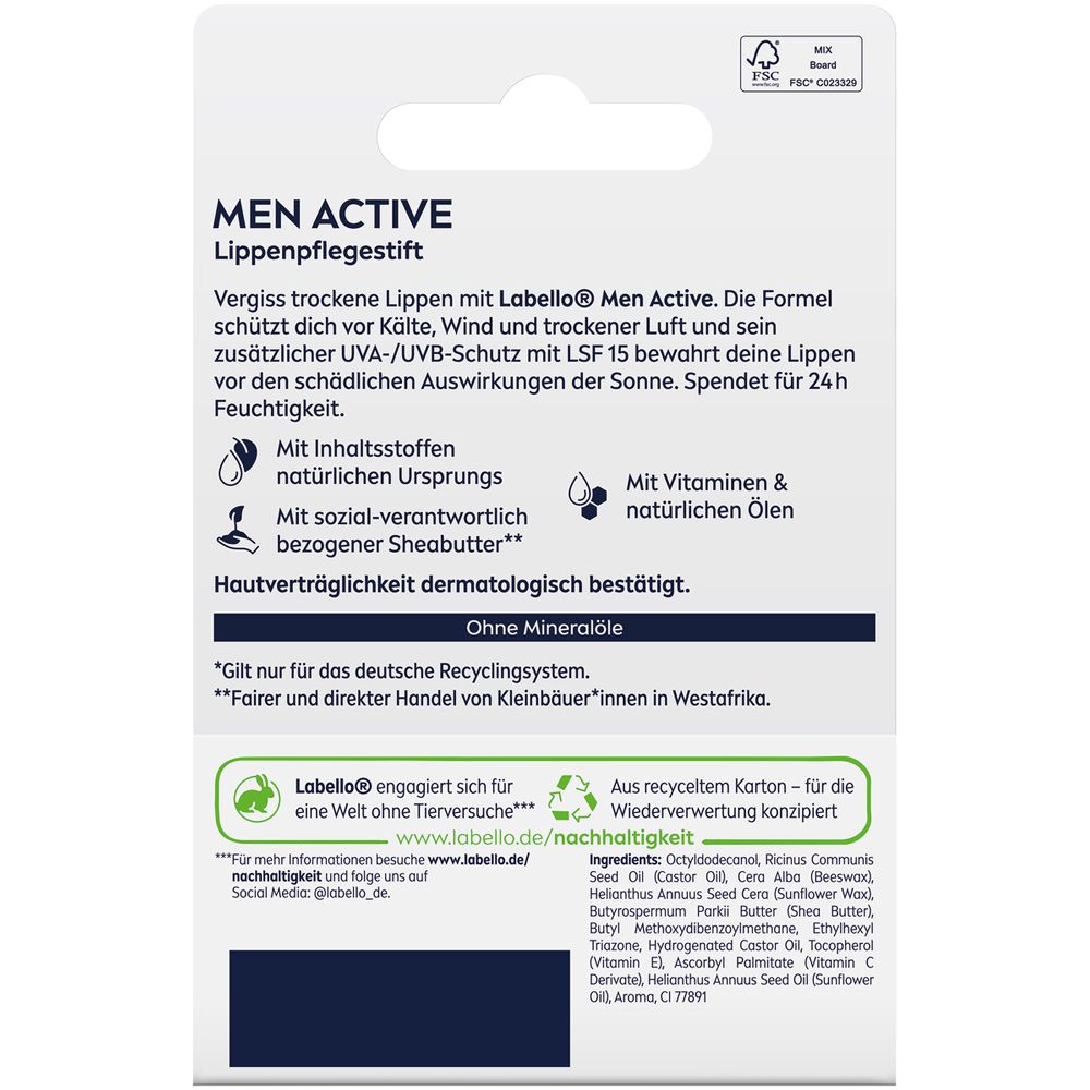 Rückseite Labello Men Active Lippenpflege: Inhaltsstoffe, 24h Feuchtigkeit, dermatologisch bestätigt.