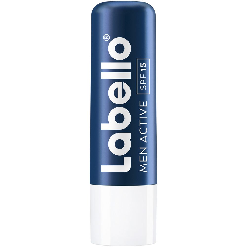 Labello Men Active Lippenpflegestift in dunkelblauer Hülse mit weißem Drehmechanismus, LSF 15.