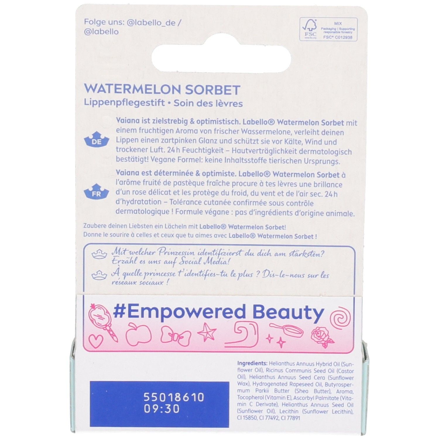 Rückseite Labello Watermelon Sorbet Disney Limited Edition. Inhaltsstoffe und Anwendungshinweise.