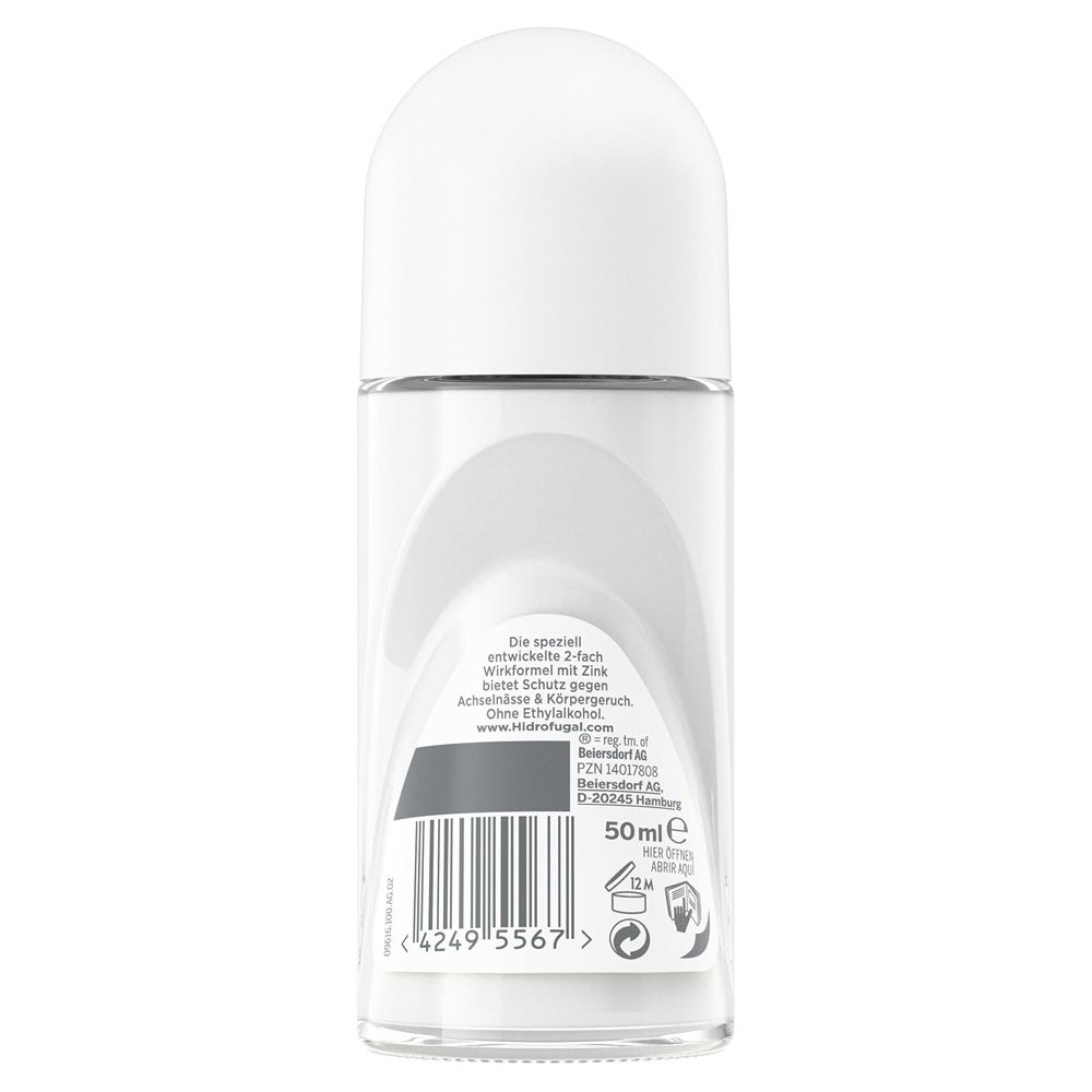 Rückseite Hidrofugal Forte Doppel Schutz Roll-on, 50ml, mit Barcode und Anwendungshinweisen.