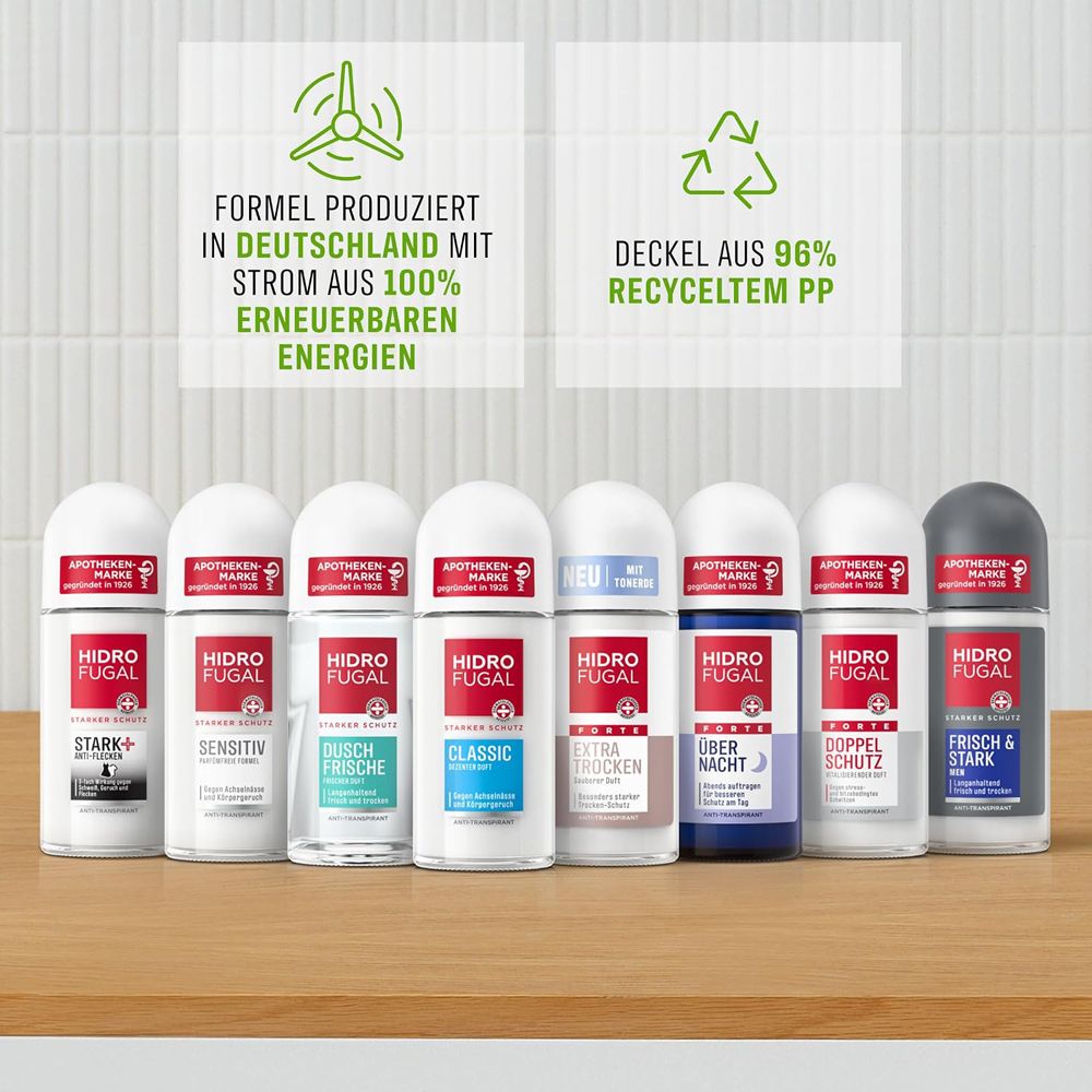 Sortiment von acht Hidrofugal Roll-on Antitranspiranten in verschiedenen Varianten.