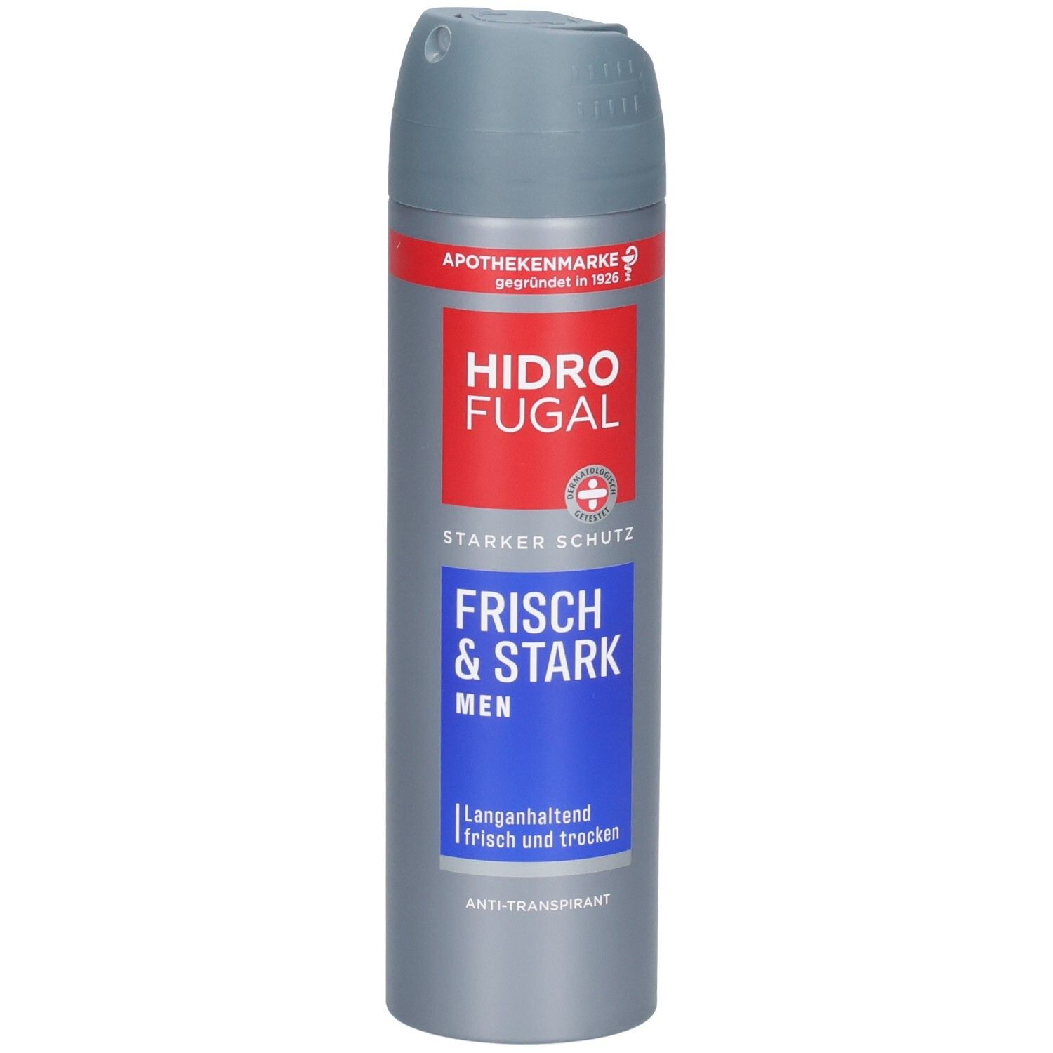 Hidrofugal MEN Frisch & Stark Spray: Silberne Dose mit rotem und blauem Etikett. Starker Schutz.