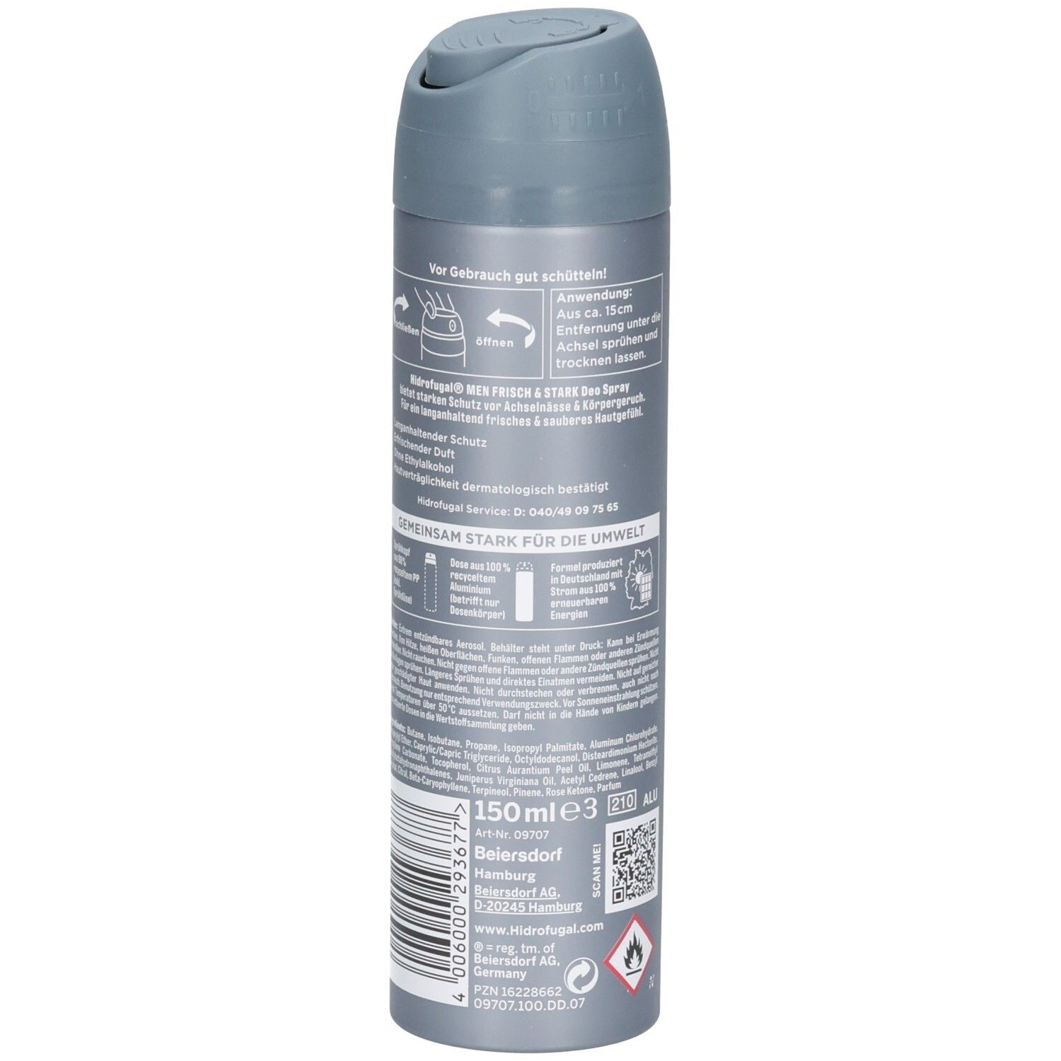 Rückseite der Hidrofugal MEN Frisch & Stark Spray Dose mit Anwendungshinweisen, Inhaltsstoffen und Barcode.