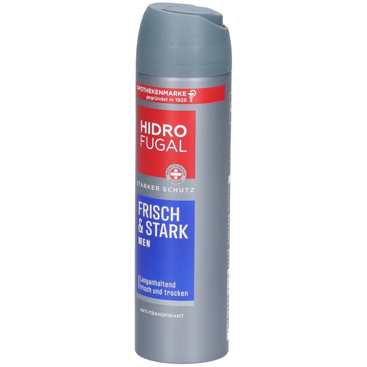 Hidrofugal MEN Frisch & Stark Spray: Silberne Dose mit rotem und blauem Etikett. Starker Schutz.