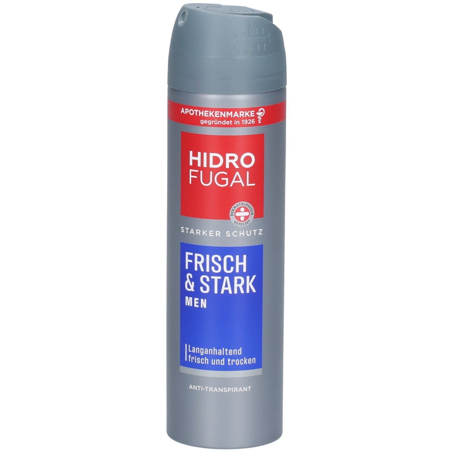 Hidrofugal MEN Frisch & Stark Spray: Silberne Dose mit rotem und blauem Etikett. Starker Schutz.