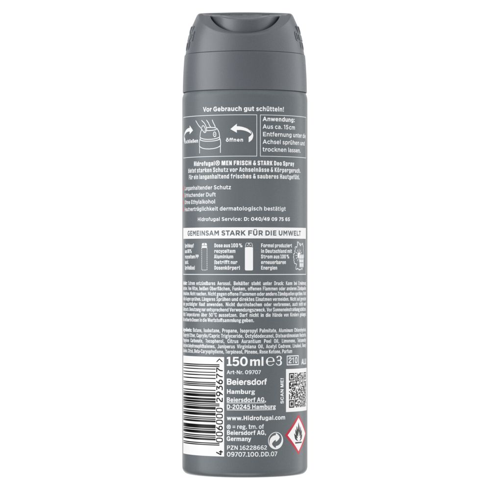 Rückseite der Hidrofugal Frisch & Stark Men Spray Dose mit Anwendungshinweisen und Inhaltsstoffen.